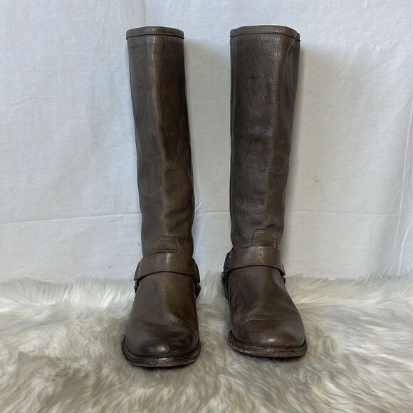 Frye Boots Phillip Grey Textured Leather Harness Tall Boots Sz - Picture 2 of 6